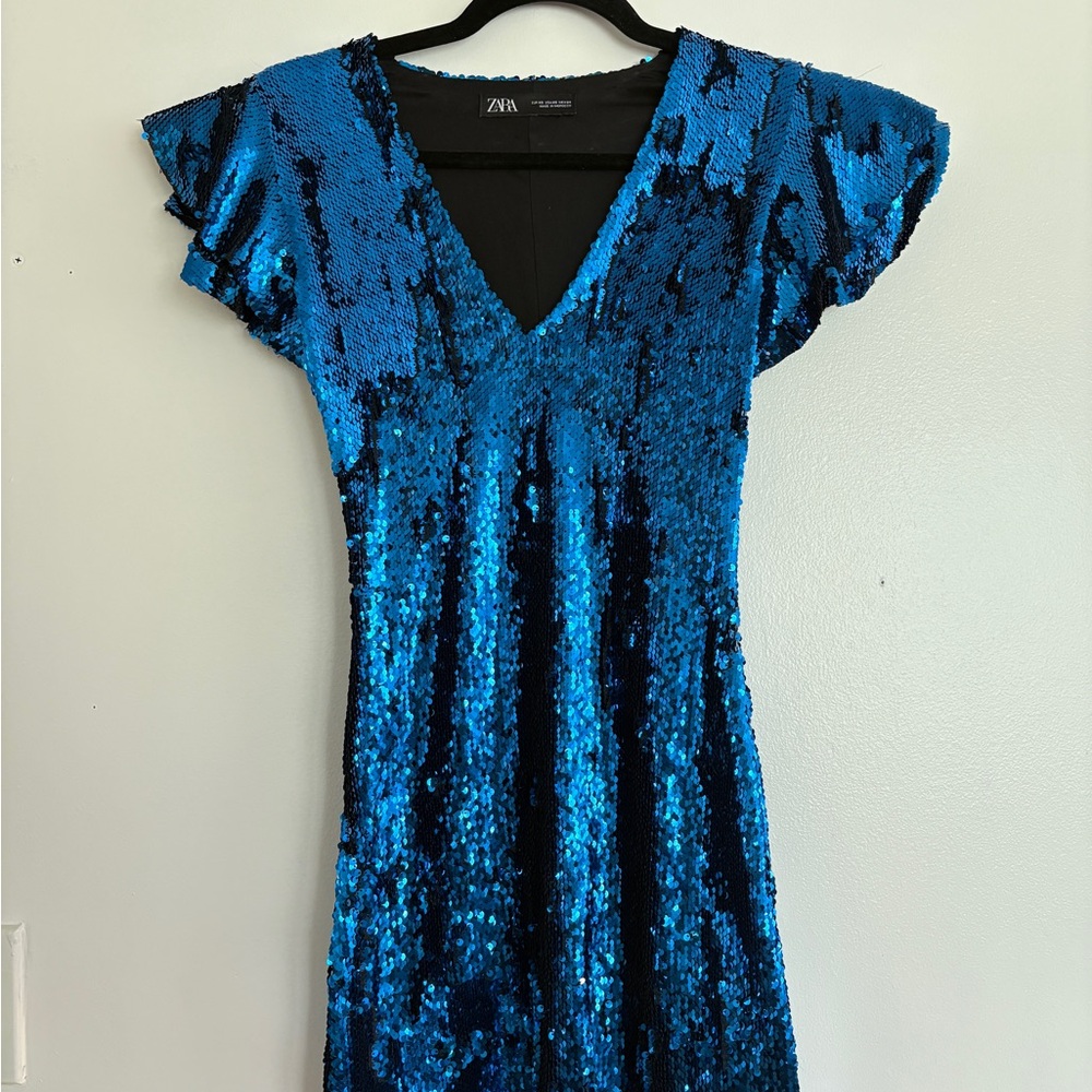 Zara Blue V-Neck Sheath Mini Dress Cap Sleeve